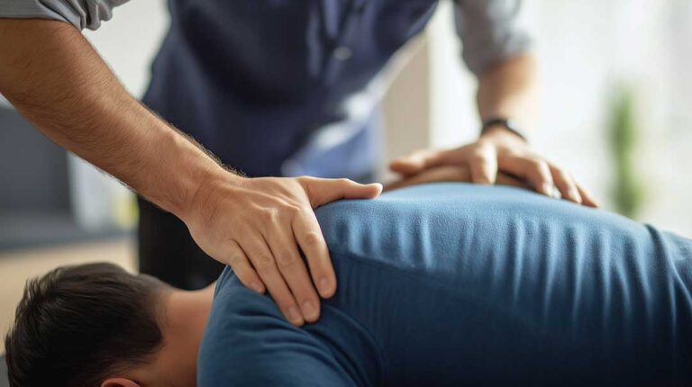 A person lying on their side in bed with a supportive pillow between their knees, creating good spinal alignment.